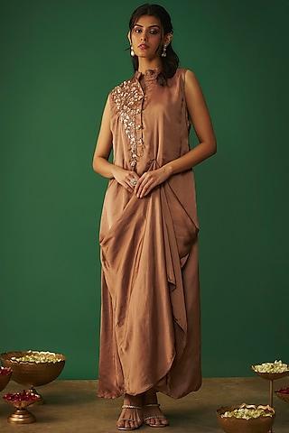coffee brown milano satin embroidered draped gown