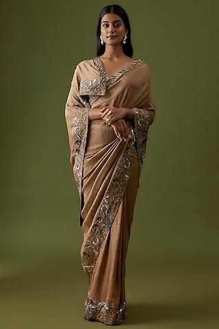 coffee brown organic silk embellished saree