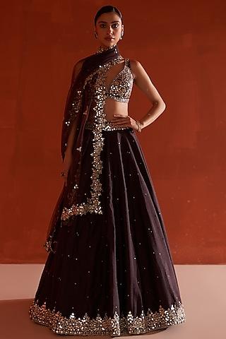 coffee brown raw silk embroidered lehenga set