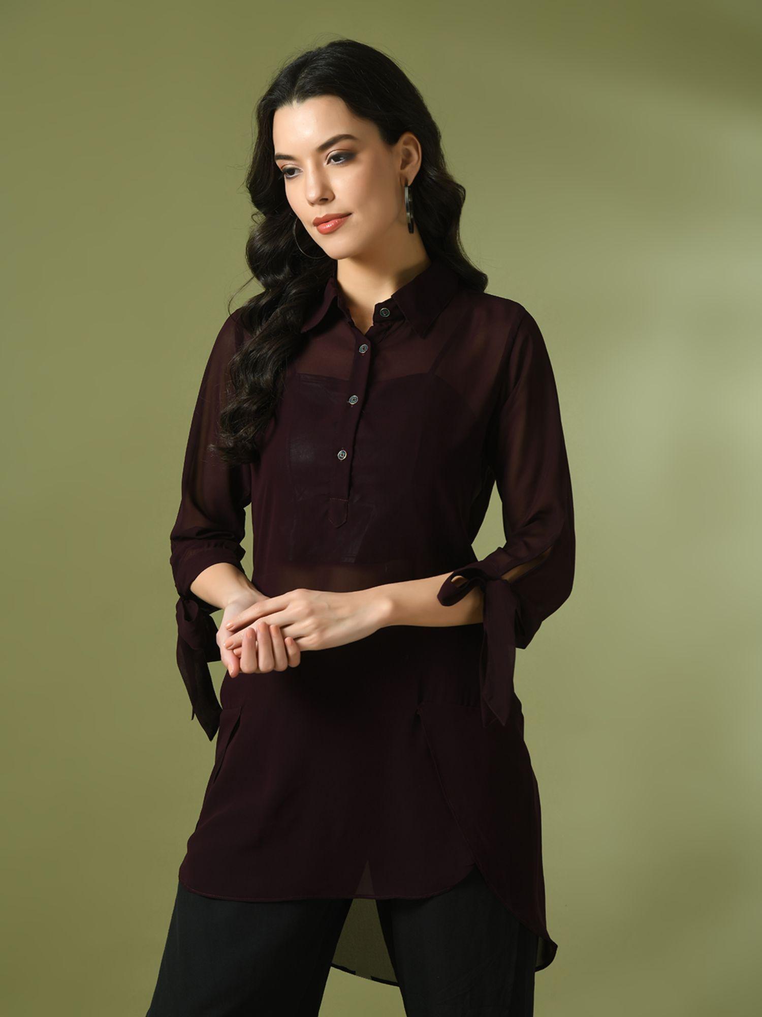 coffee brown solid georgette longline party sheer tunic