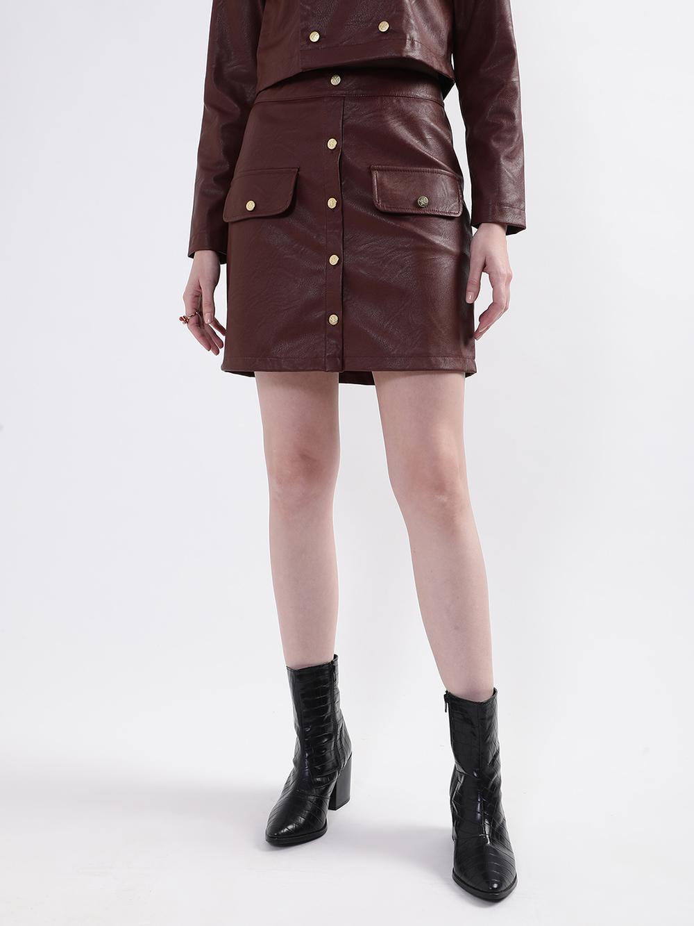 coffee brown solid regular fit skirt