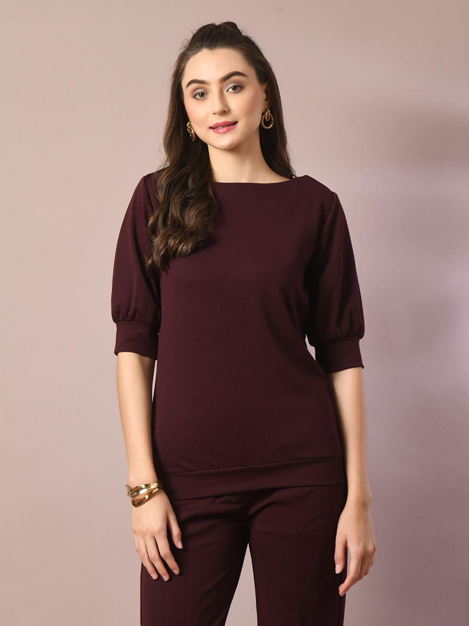 coffee brown solid round neck party top