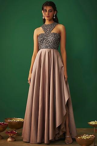 coffee colored bridal satin embroidered gown