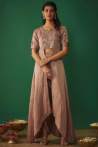 coffee colored satin linen embroidered front-open kurta set