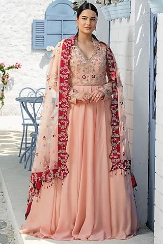 coffee crepe hand embroidered gown with dupatta