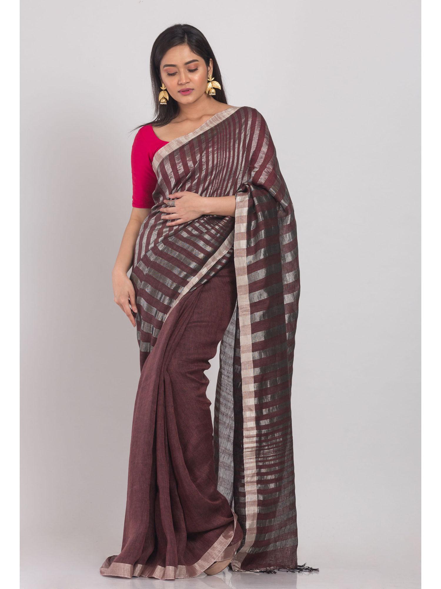 coffee handloom linen saree with unstitched blouse