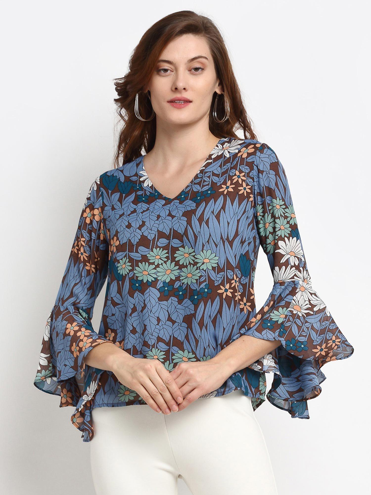 coffee medium length v-neck polyester blouse