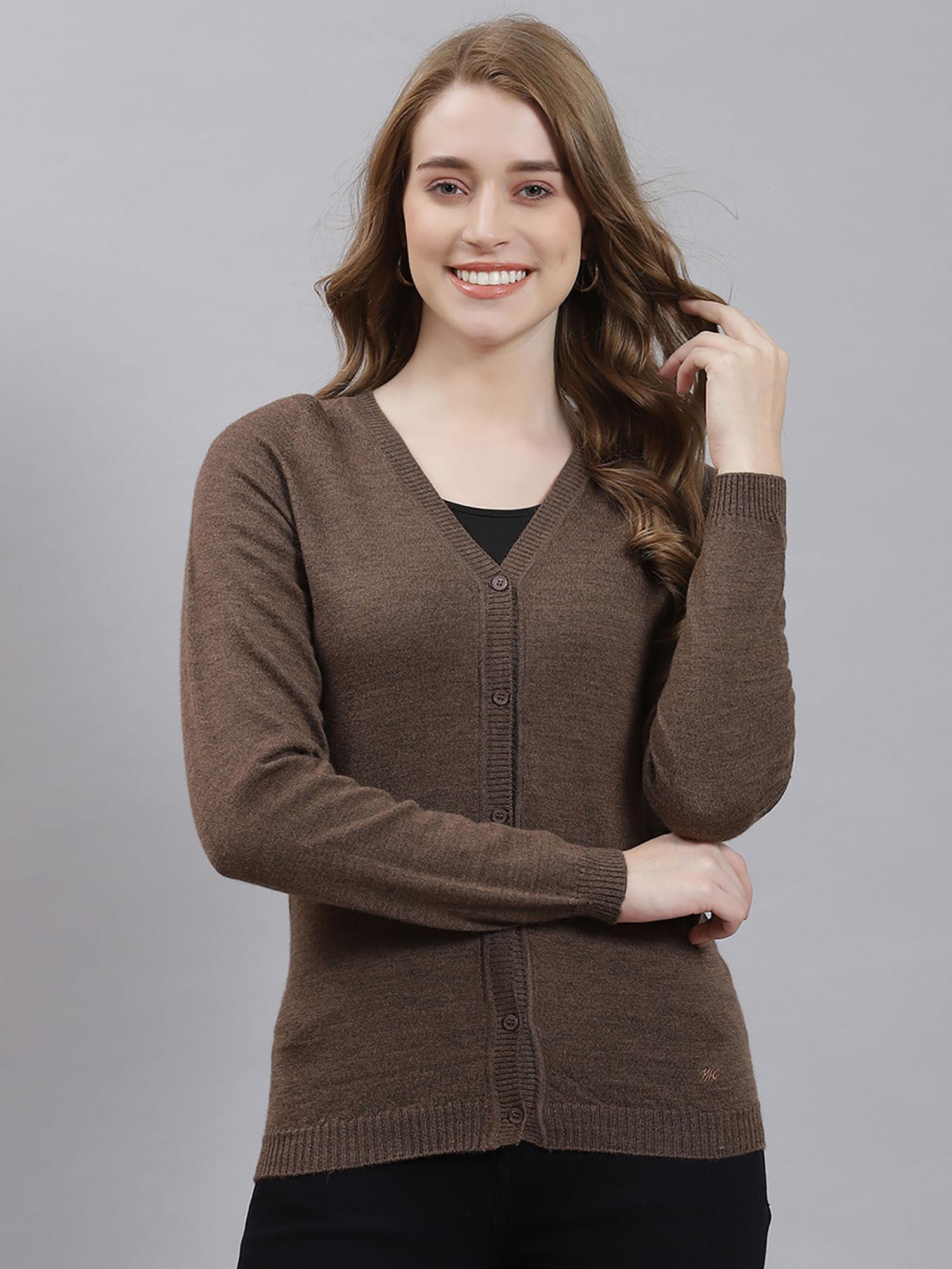 coffee mix solid v neck cardigan