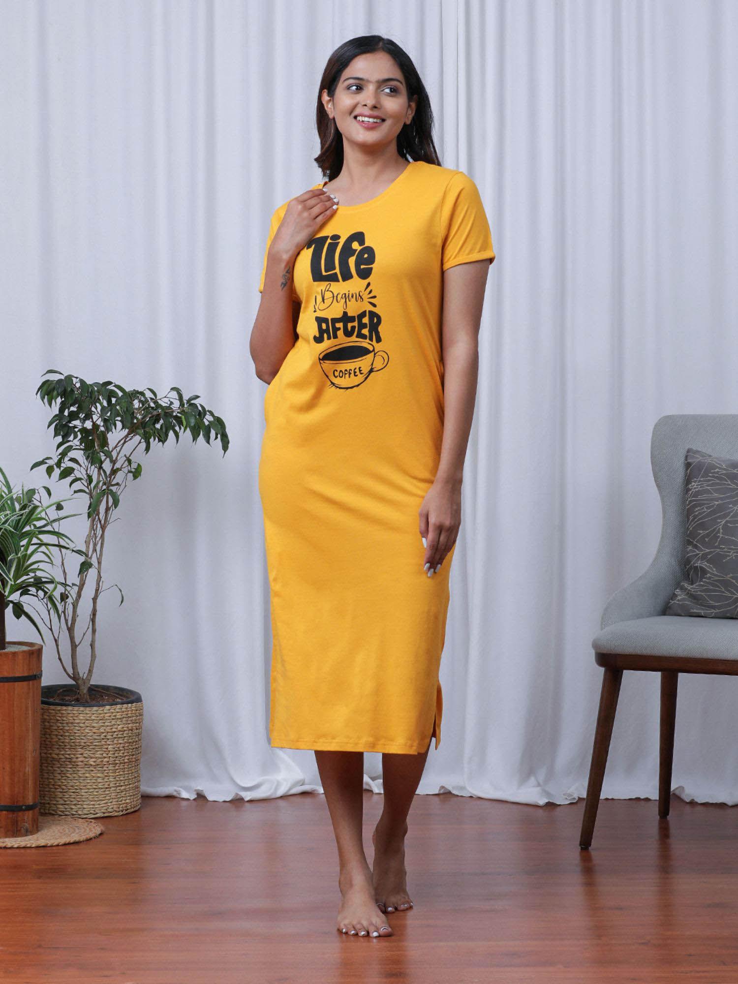 coffee print mid length nightdress in yellow