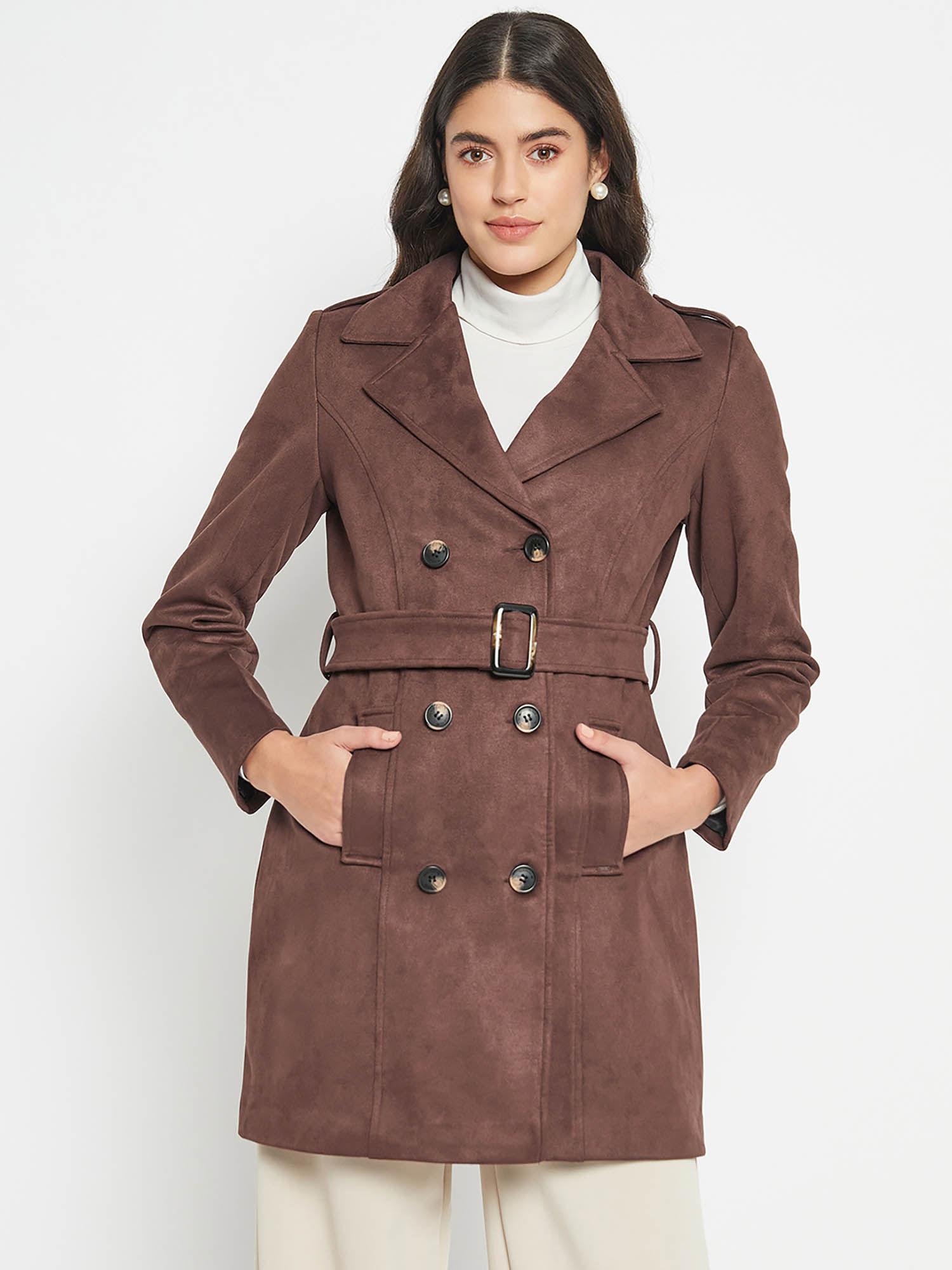 coffee solid suede elastane trench coat (set of 2)