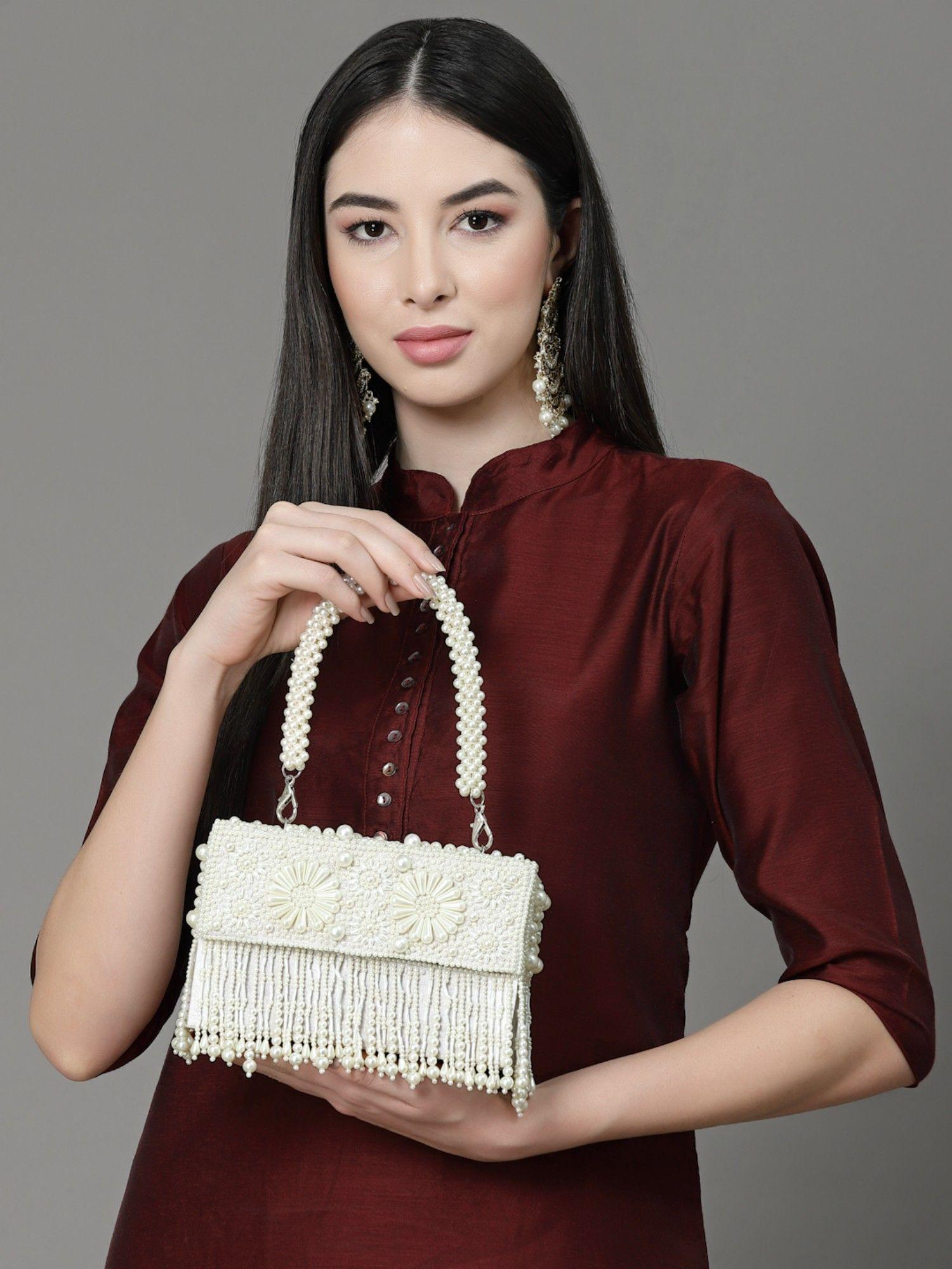 coffer off white & white bead work embellished faux silk clutch