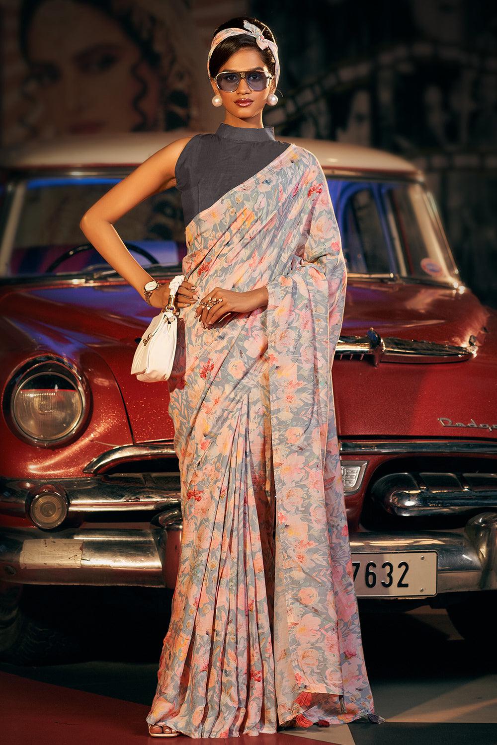 coin grey digital print saree