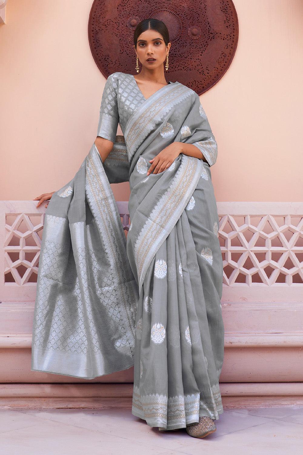 coin grey linen saree