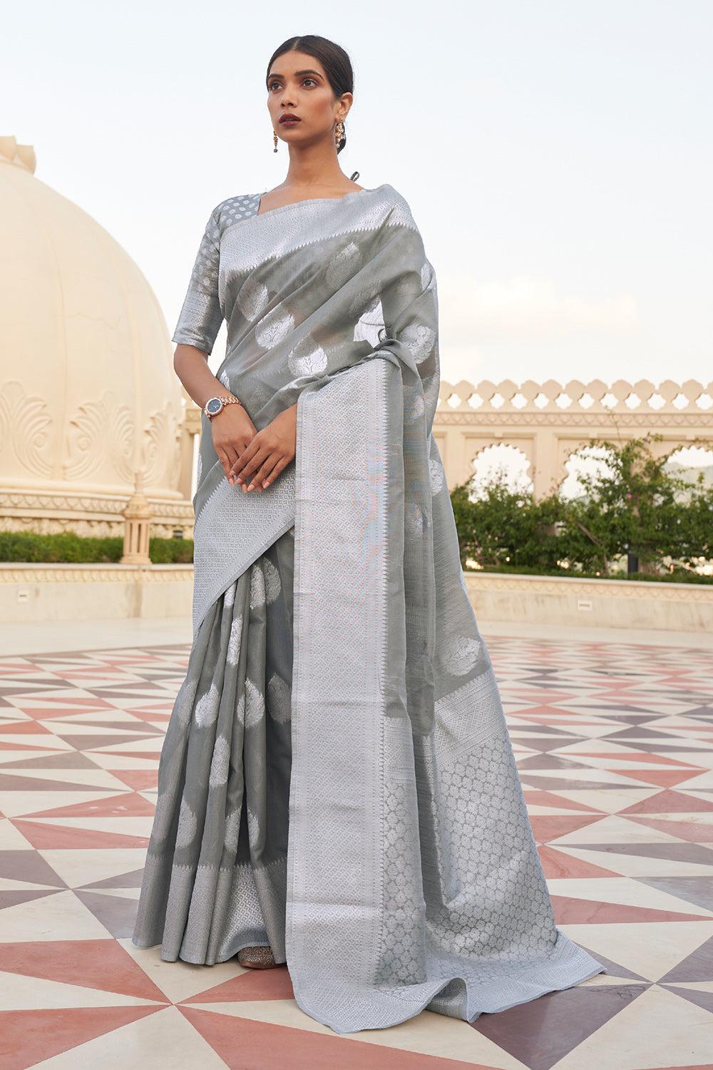 coin grey linen saree