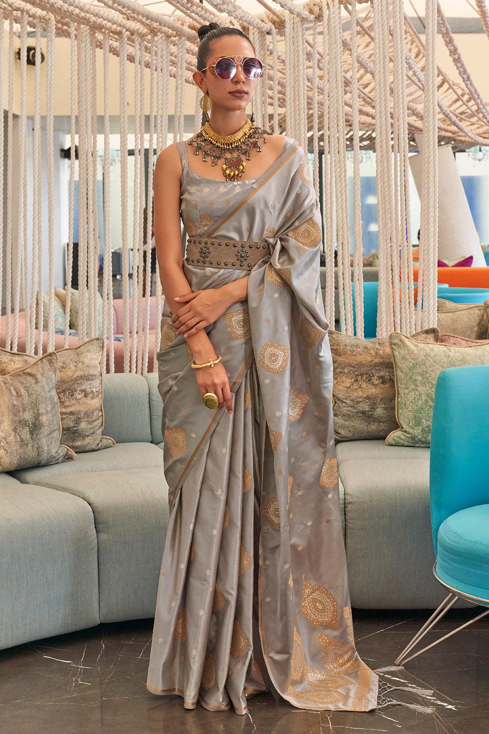 coin grey satin saree