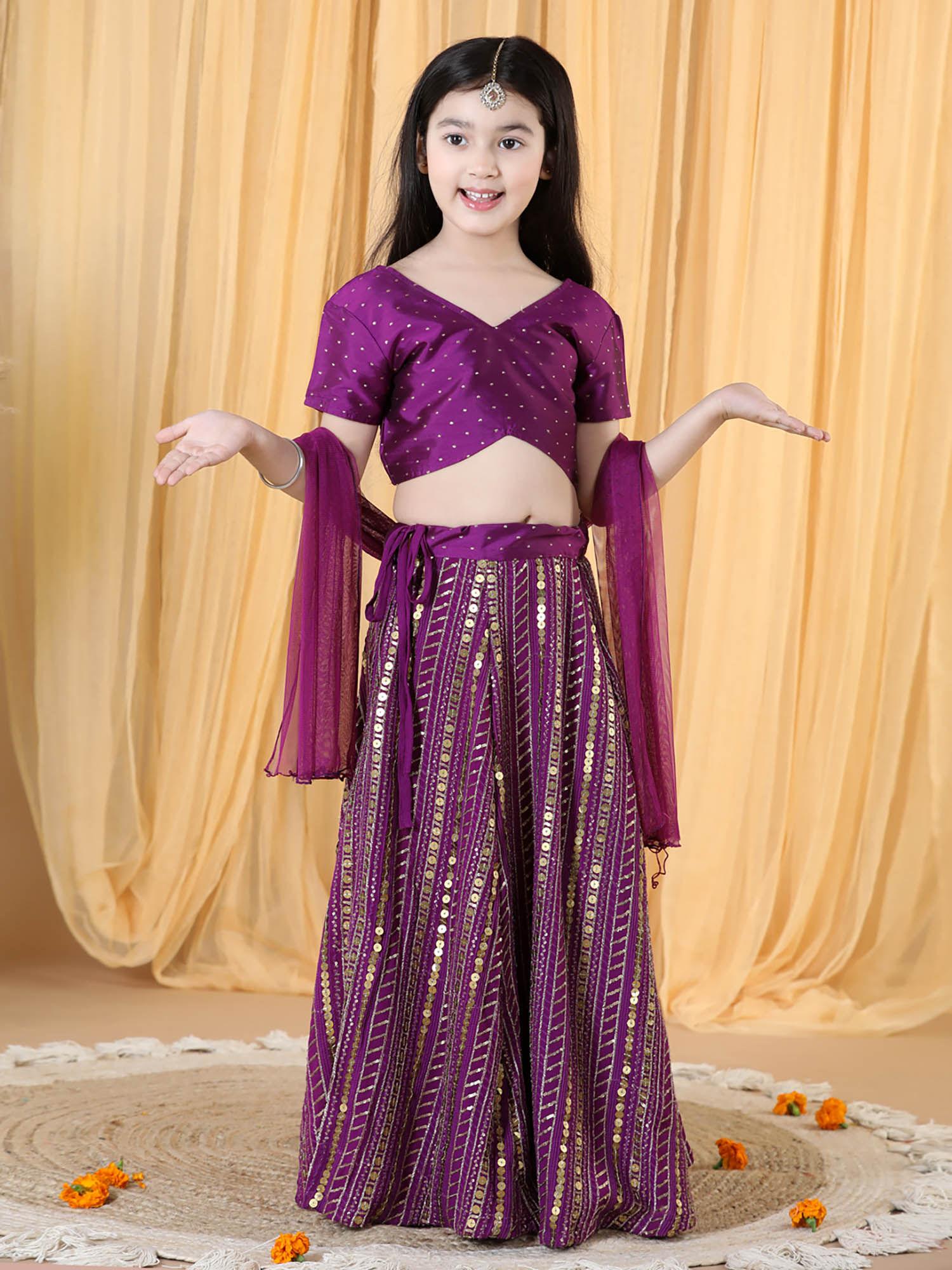 coin sequin lehenga and back tie blouse with dupatta purple (set of 3)