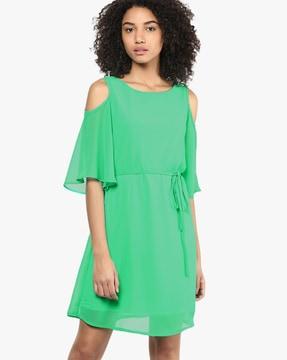 cold-shoulder a-line dress with waist tie-up