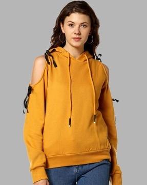 cold-shoulder hoodie with drawstrings