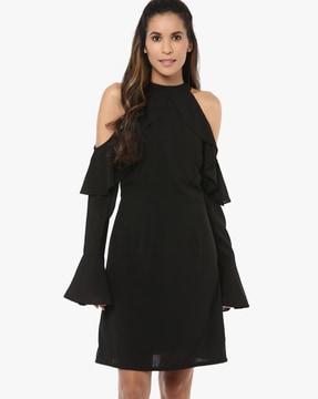 cold-shoulder sheath dress with bell sleeves