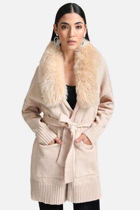 collar neck fur women's casual wear cape with detachable fur collar - natural
