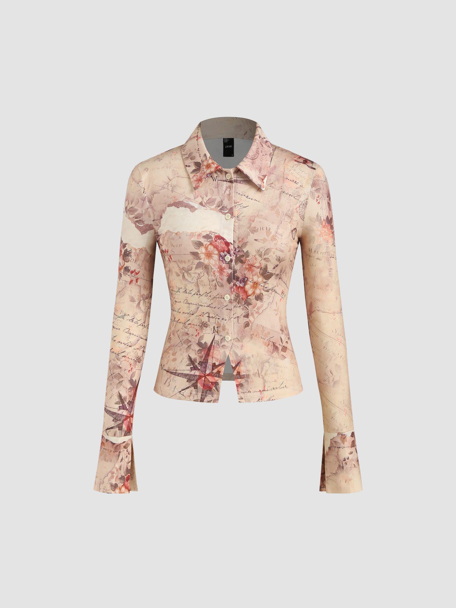 collar graphic floral button long sleeve blouse