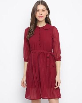 collar-neck fit & flare dress with waist tie-up