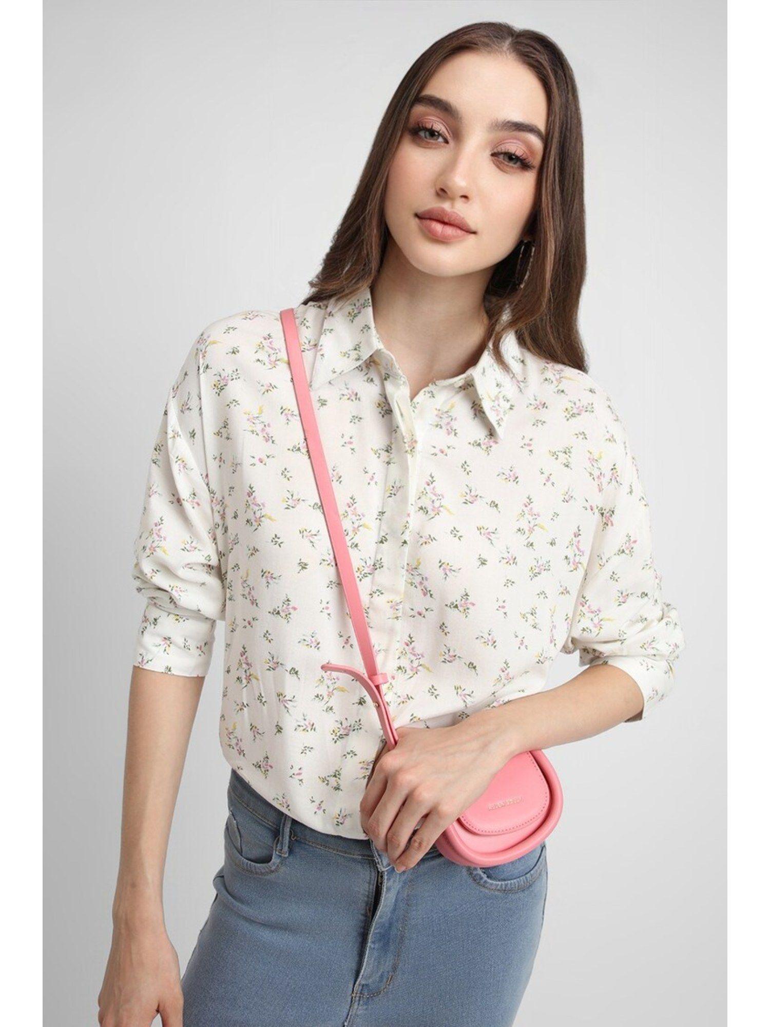 collar neck full sleeves floral white shirt