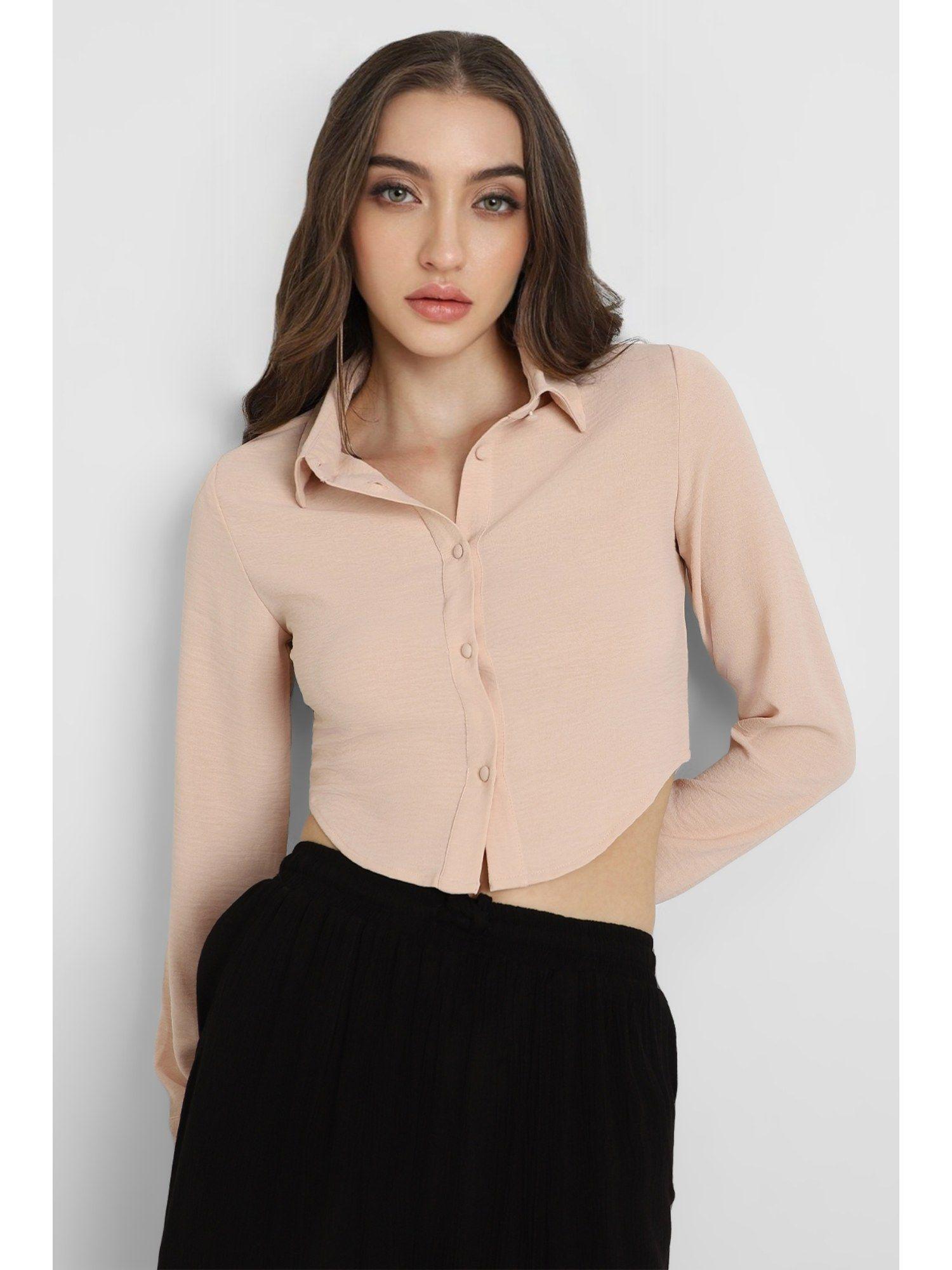 collar neck full sleeves solid beige shirt