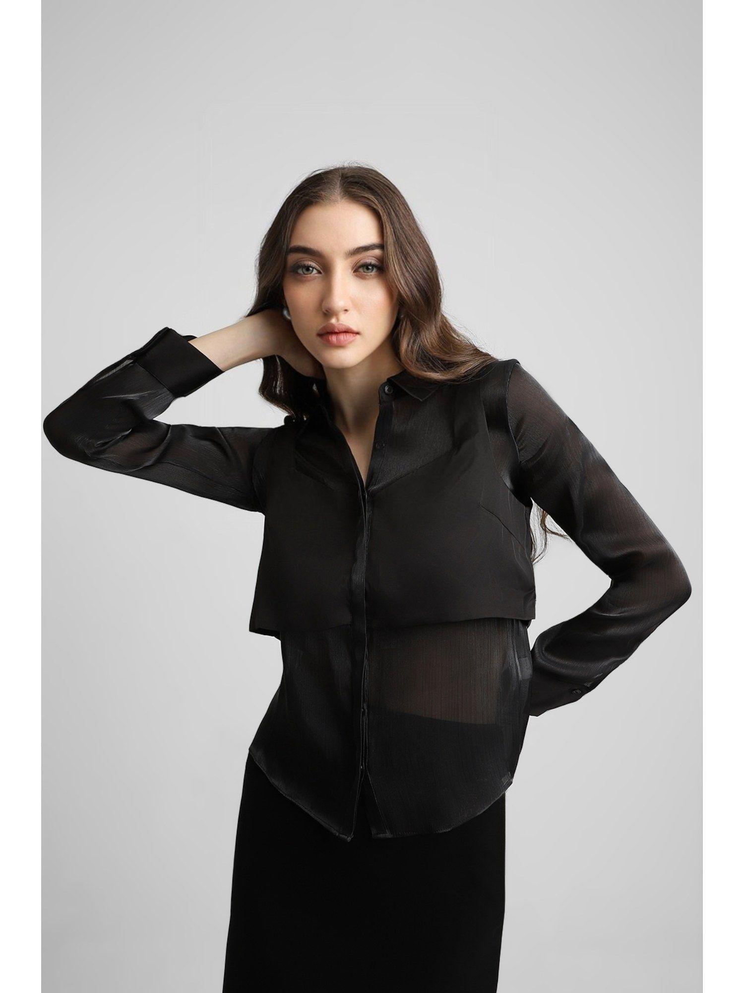 collar neck full sleeves solid black shirt