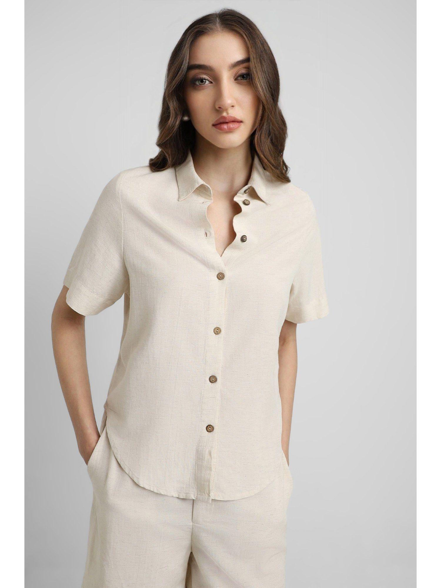 collar neck half sleeves solid beige shirt