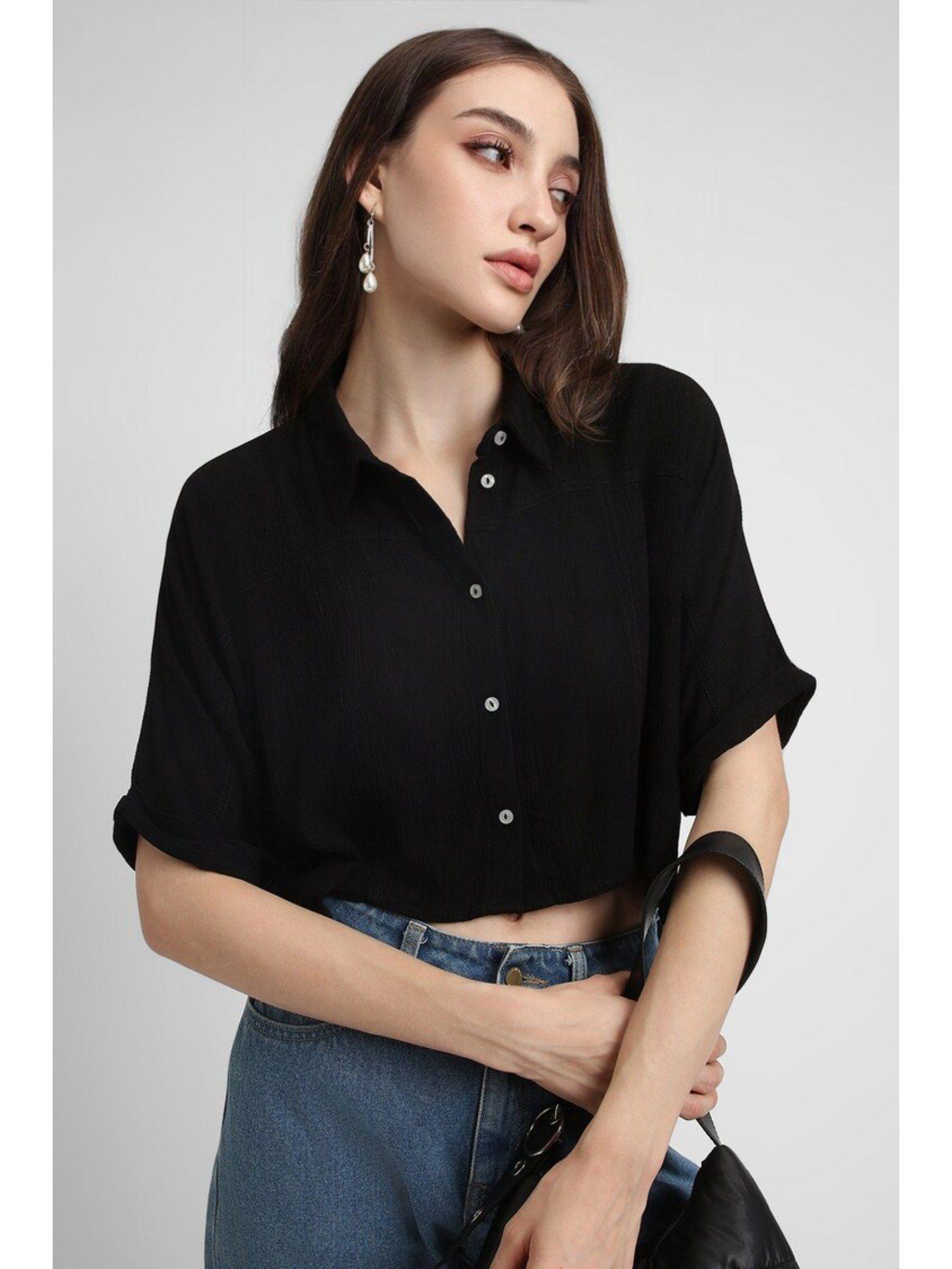 collar neck half sleeves solid black shirt