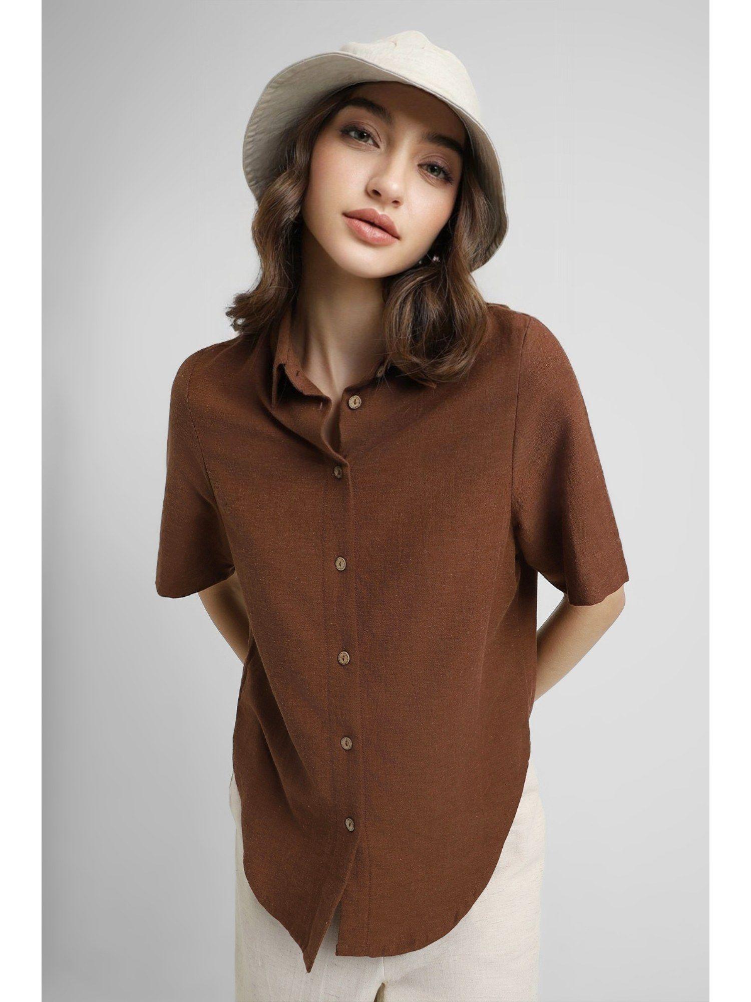 collar neck half sleeves textured brown shirt