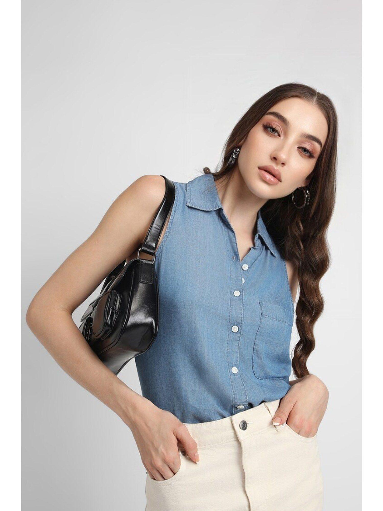 collar neck sleeveless solid blue shirt