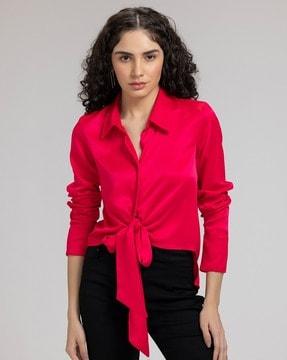 collar-neck waist tie-up shirt