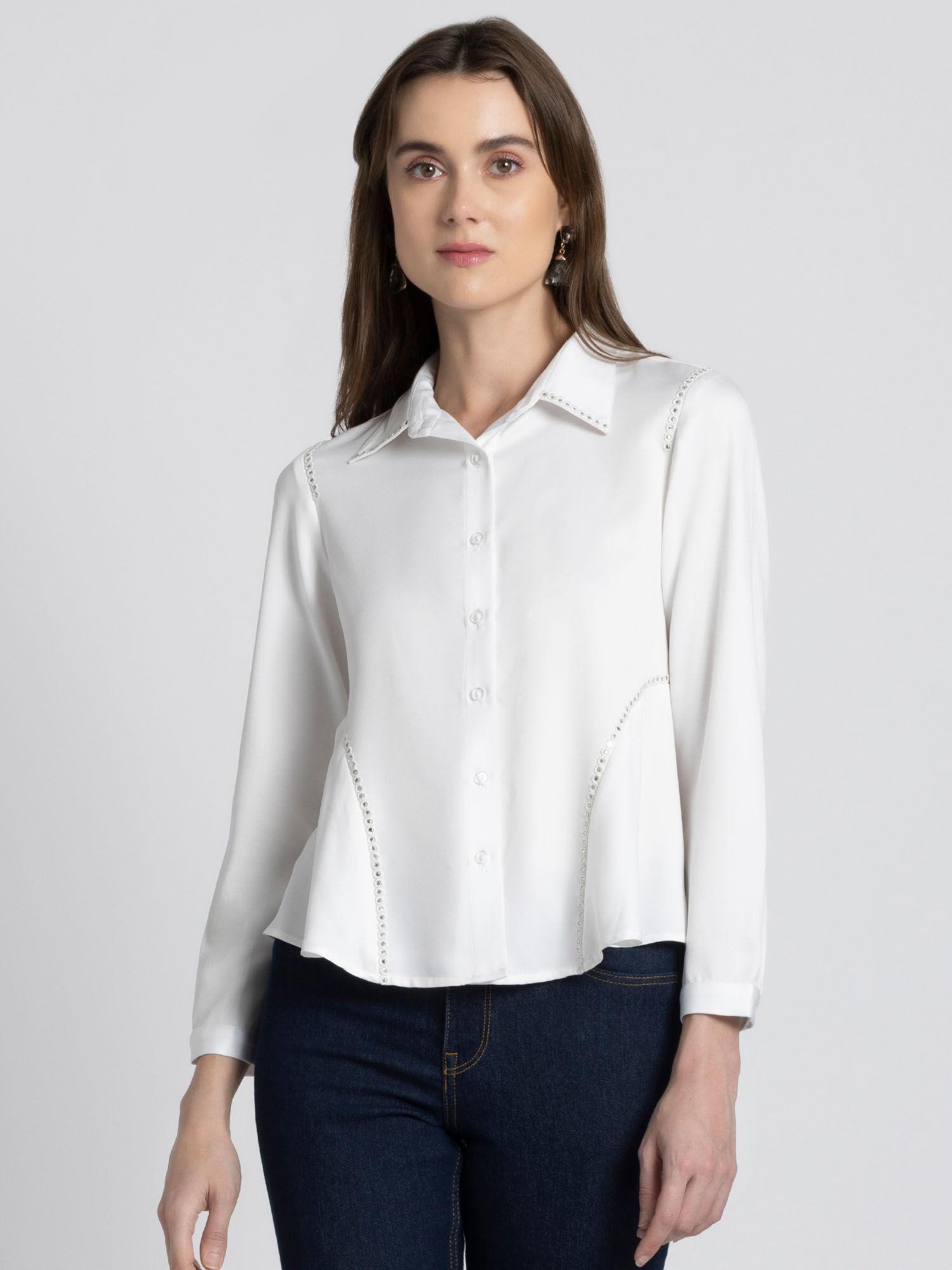 collar neck white embroidered long sleeves party shirt for women