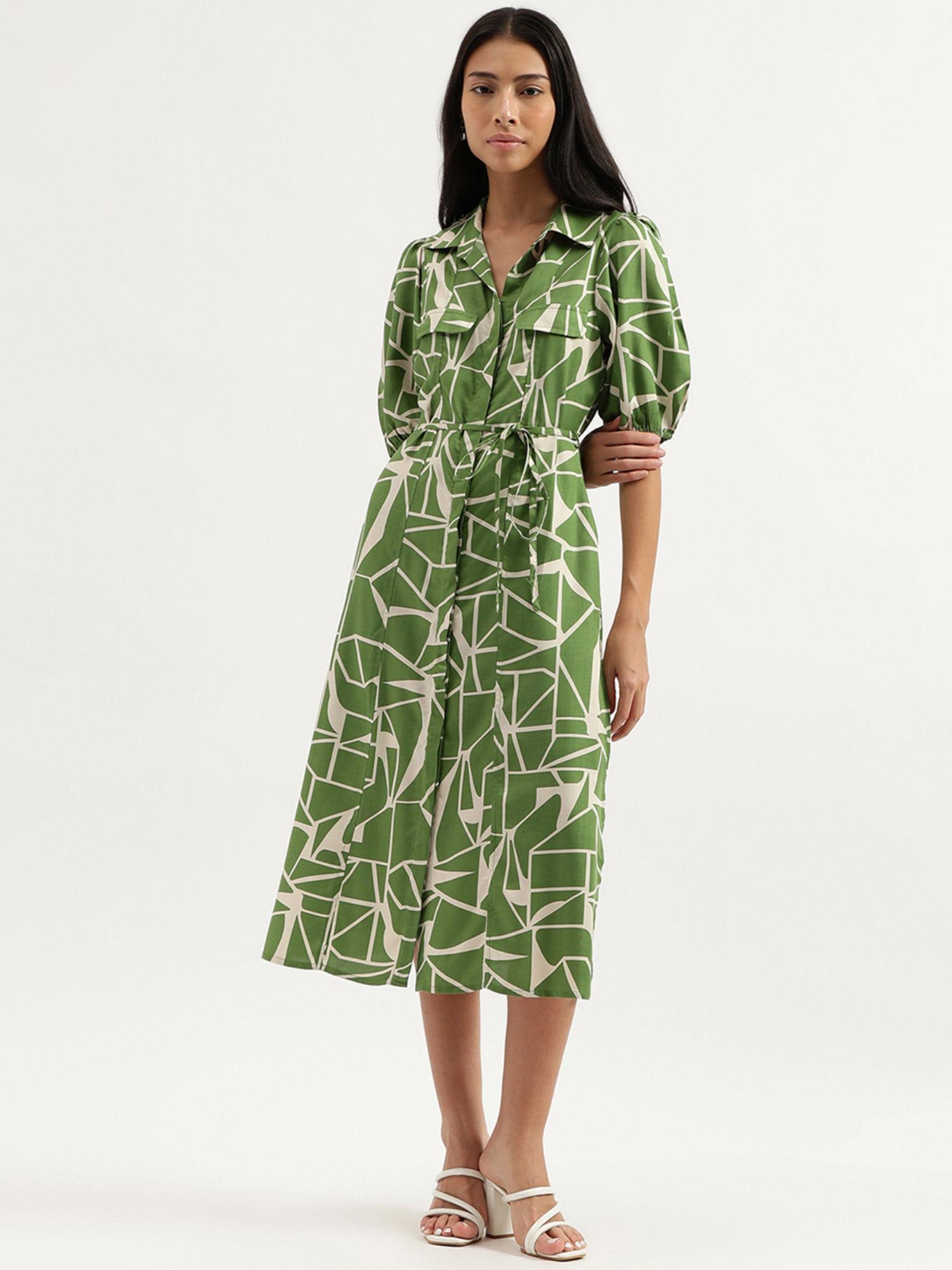 collared green printed dress and belt (set of 2)