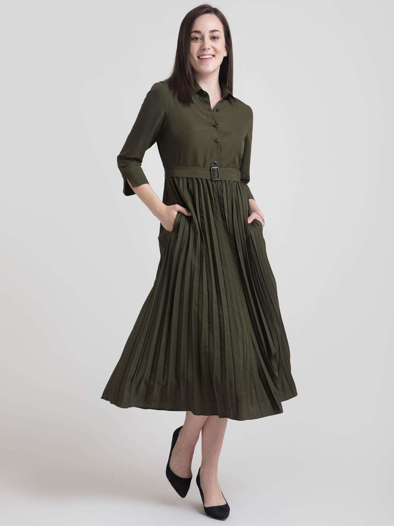 collared pleated fit and flare dress - olive