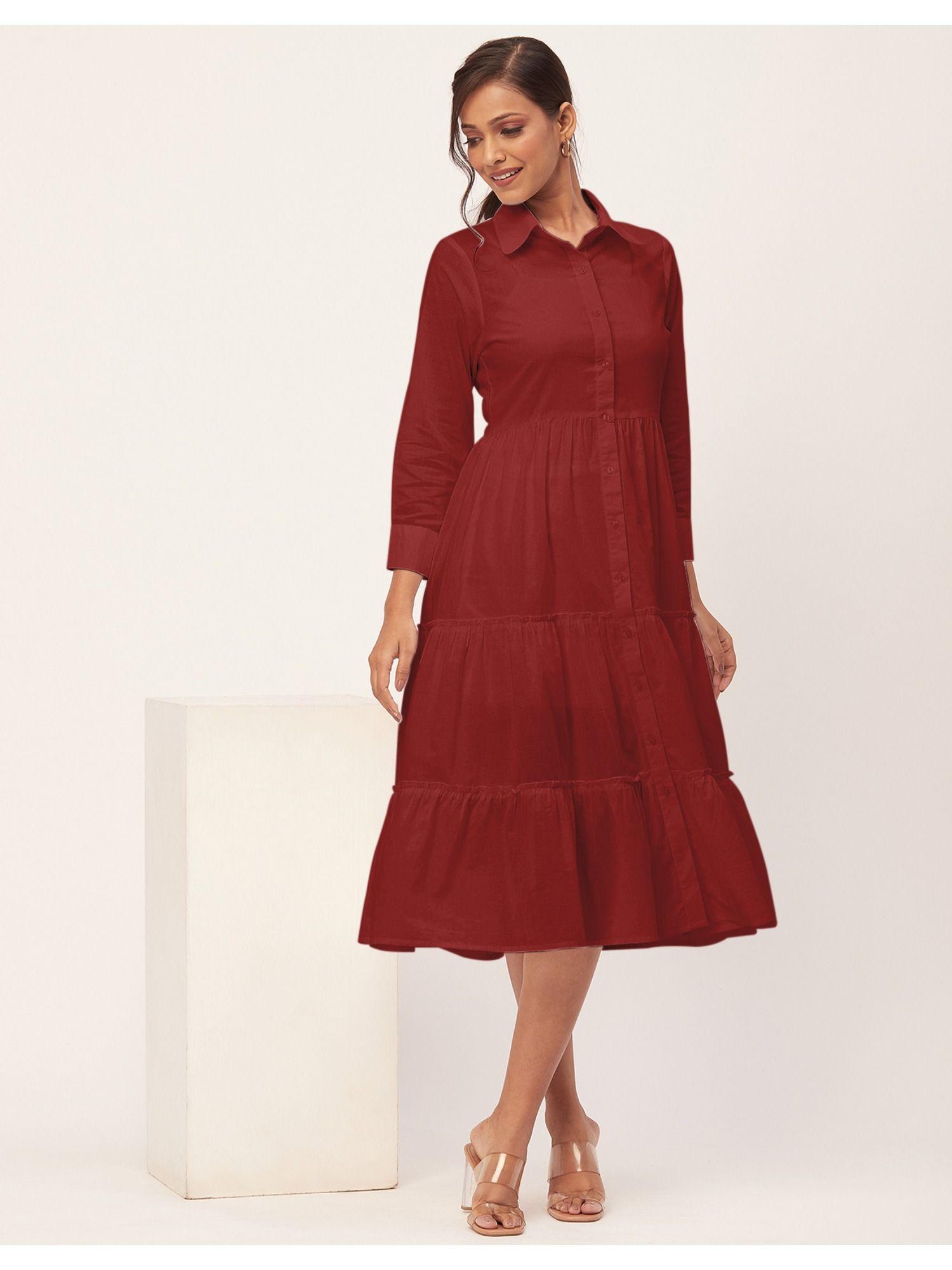 collared tiered solid cotton midi dress