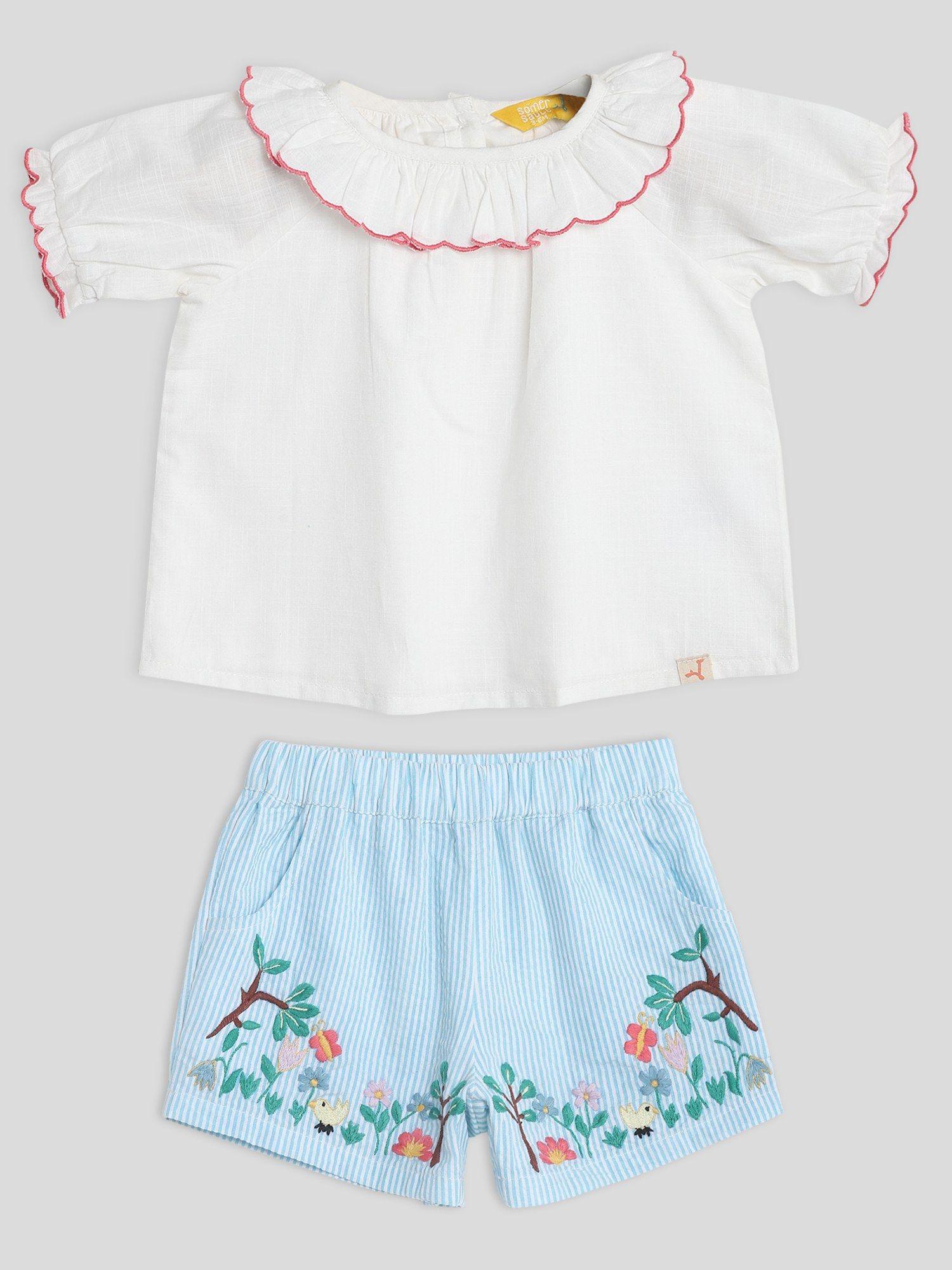 collared top & embroidered shorts (set of 2)