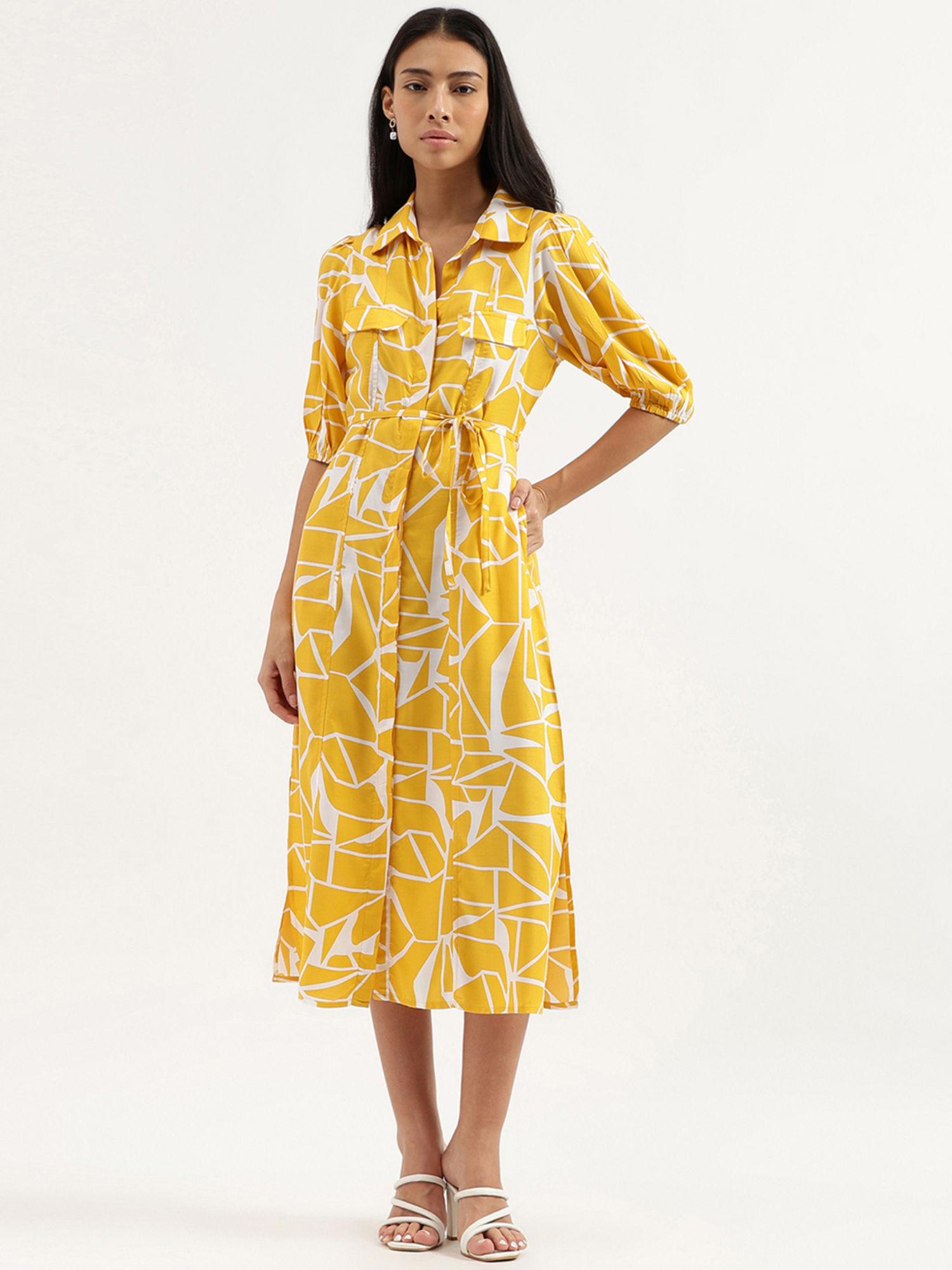 collared yellow printed dress and belt (set of 2)