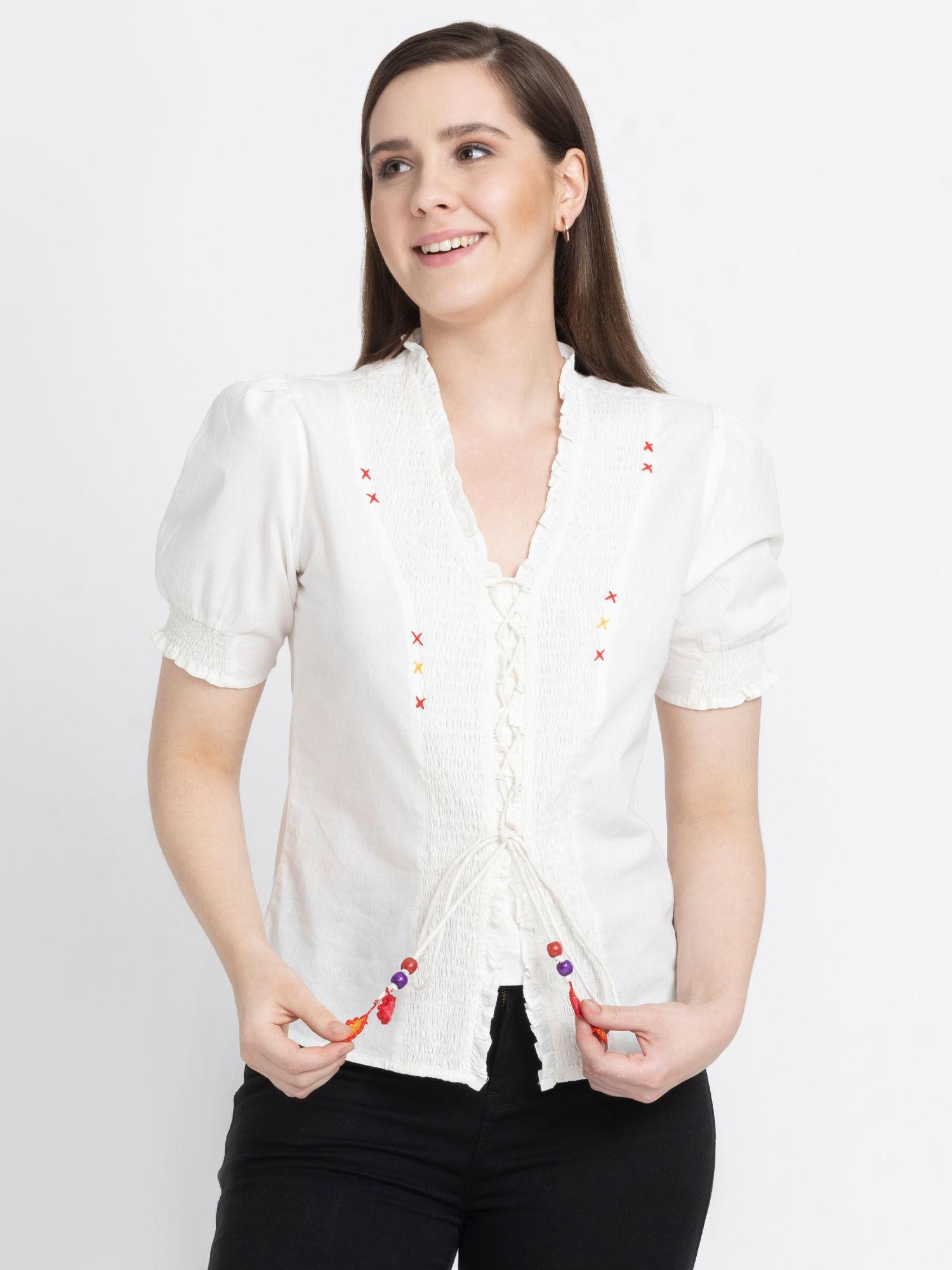 collarless white embroidered short sleeves casual shirts for women