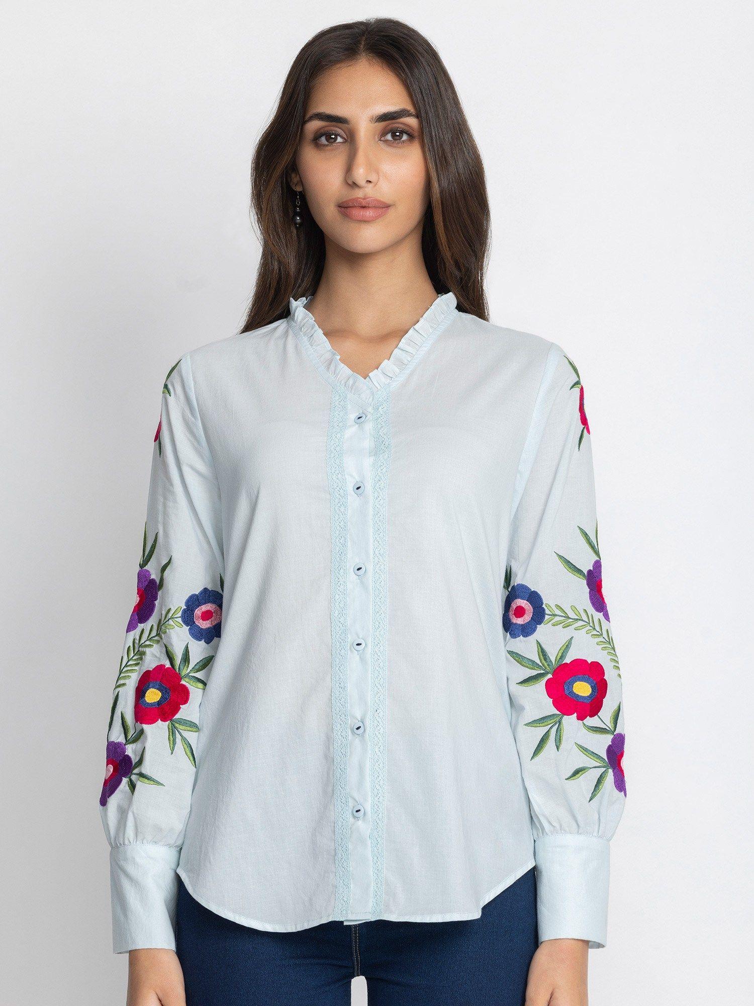 collarless blue embroidered long sleeves party shirt for women