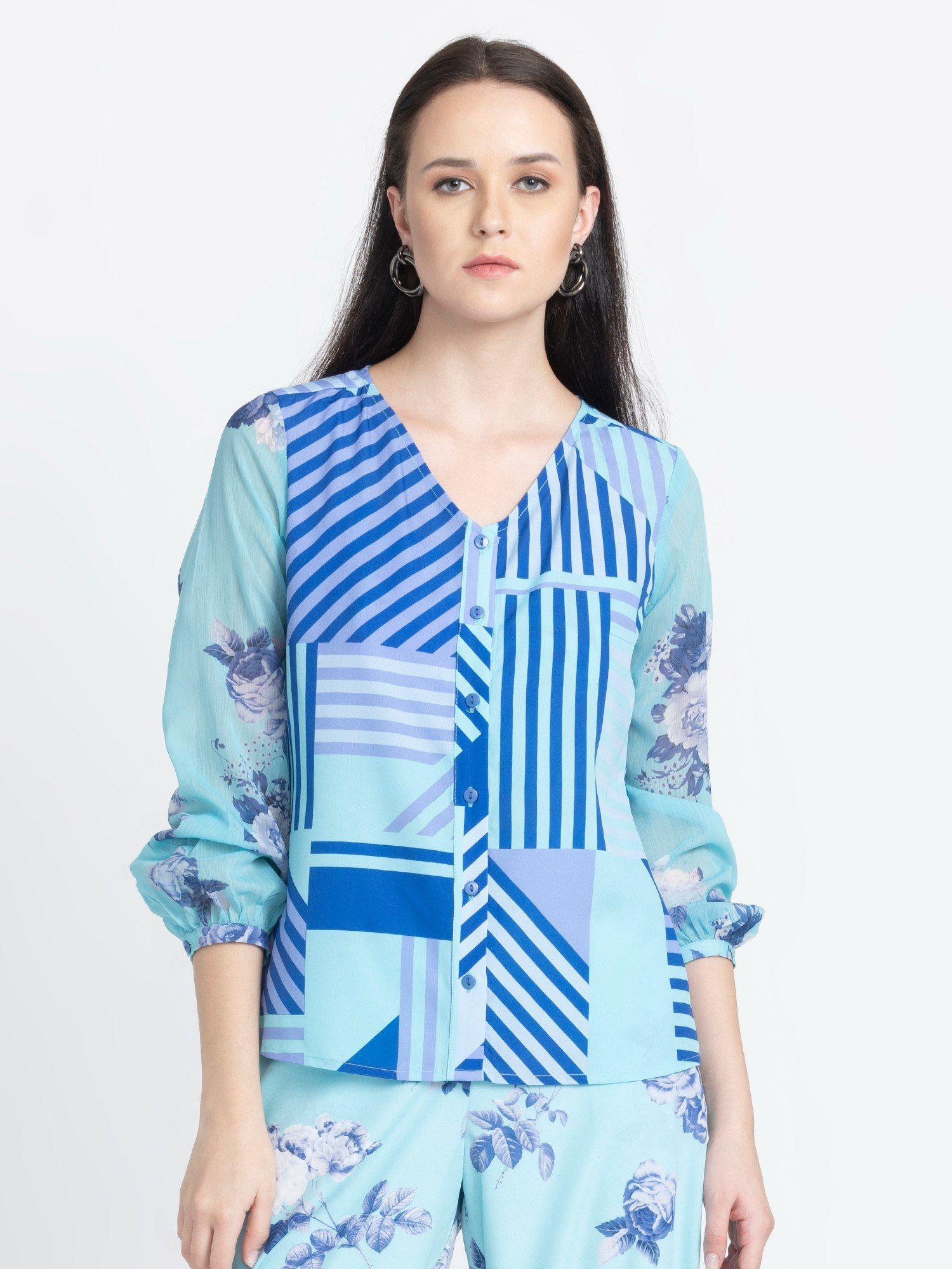 collarless blue printed long sleeves casual shirts for women