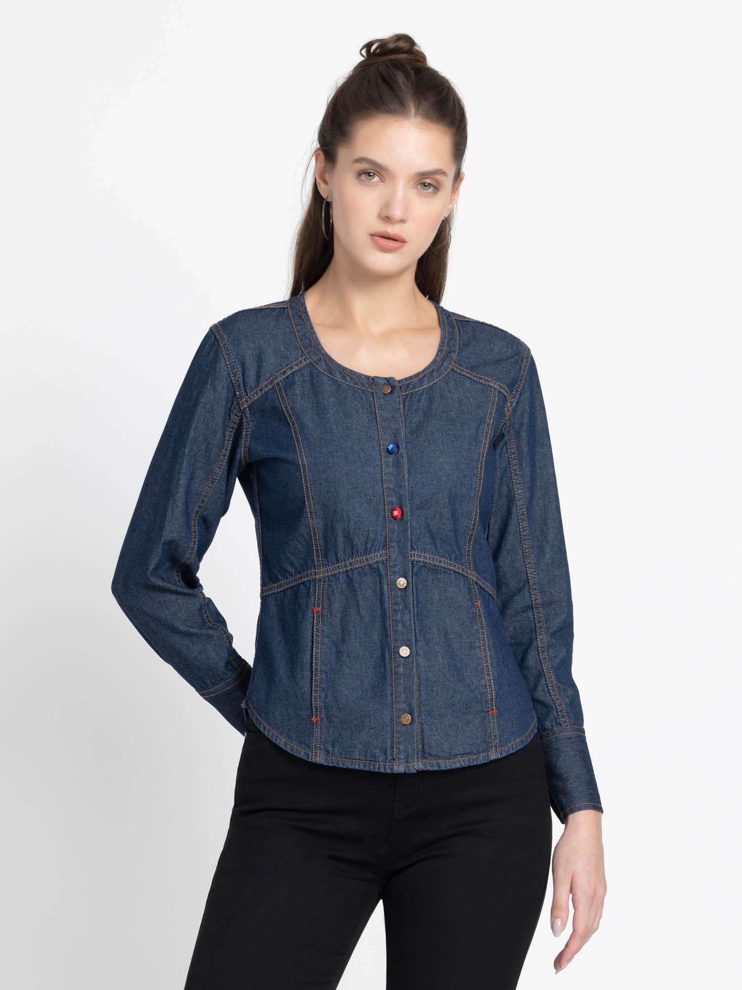 collarless blue solid full sleeves casual shirts for women