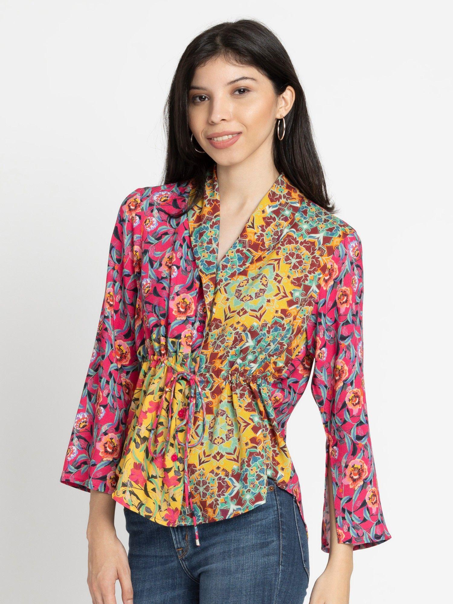 collarless fuchsia floral three fourth sleeves casual shirts for women