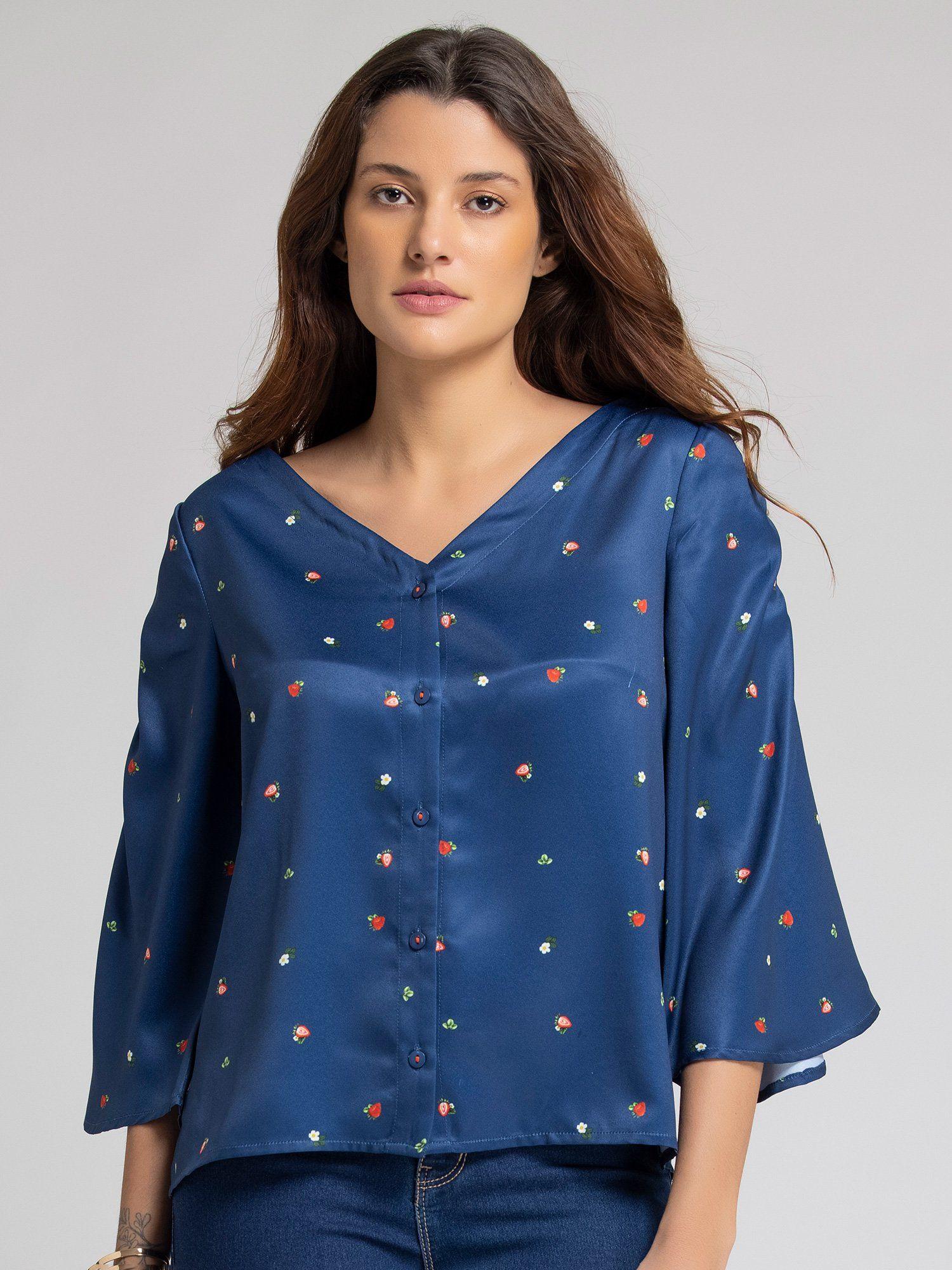 collarless navy blue printed casual shirt for women