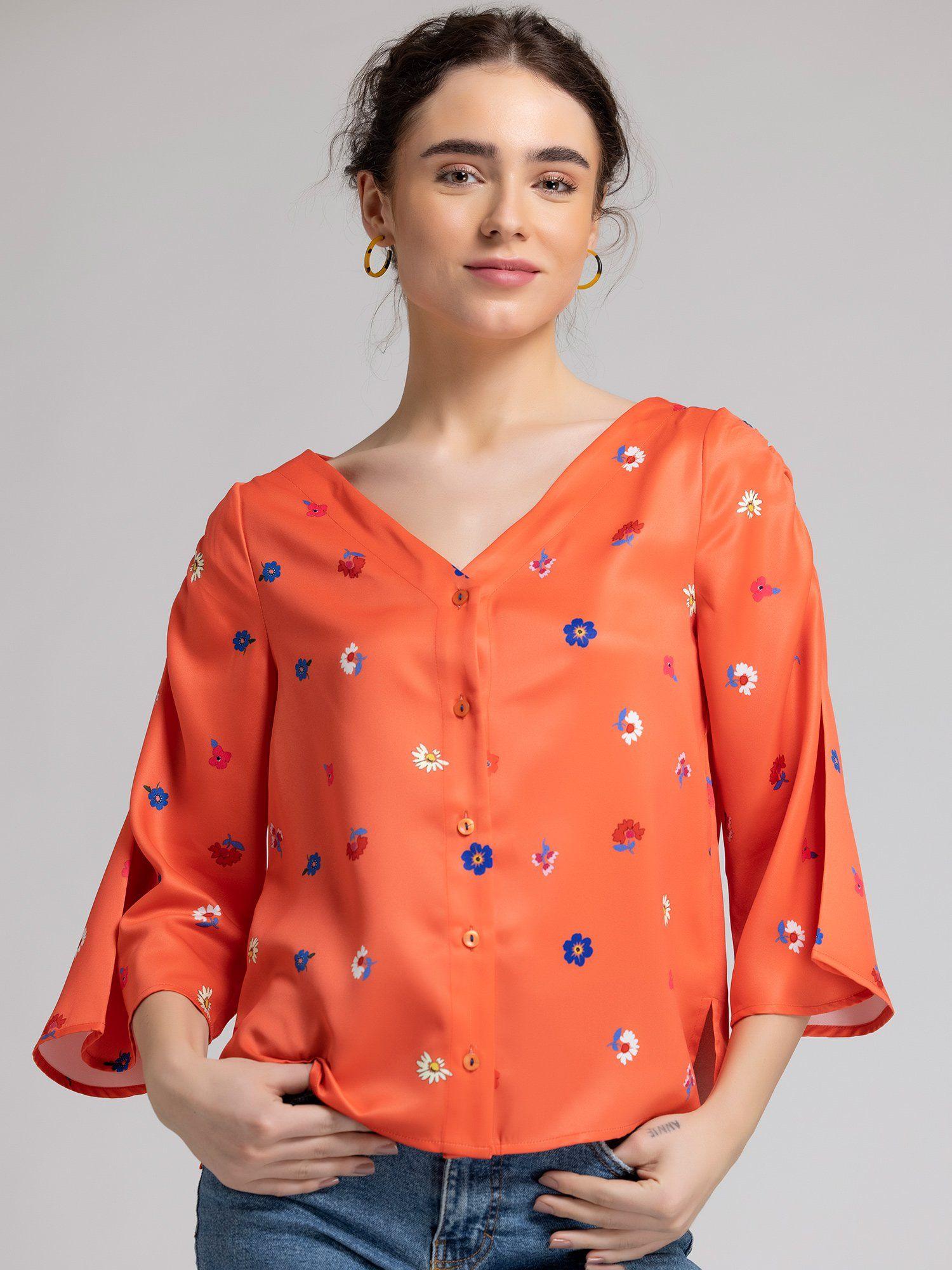 collarless orange printed flare sleeves casual shirt for women