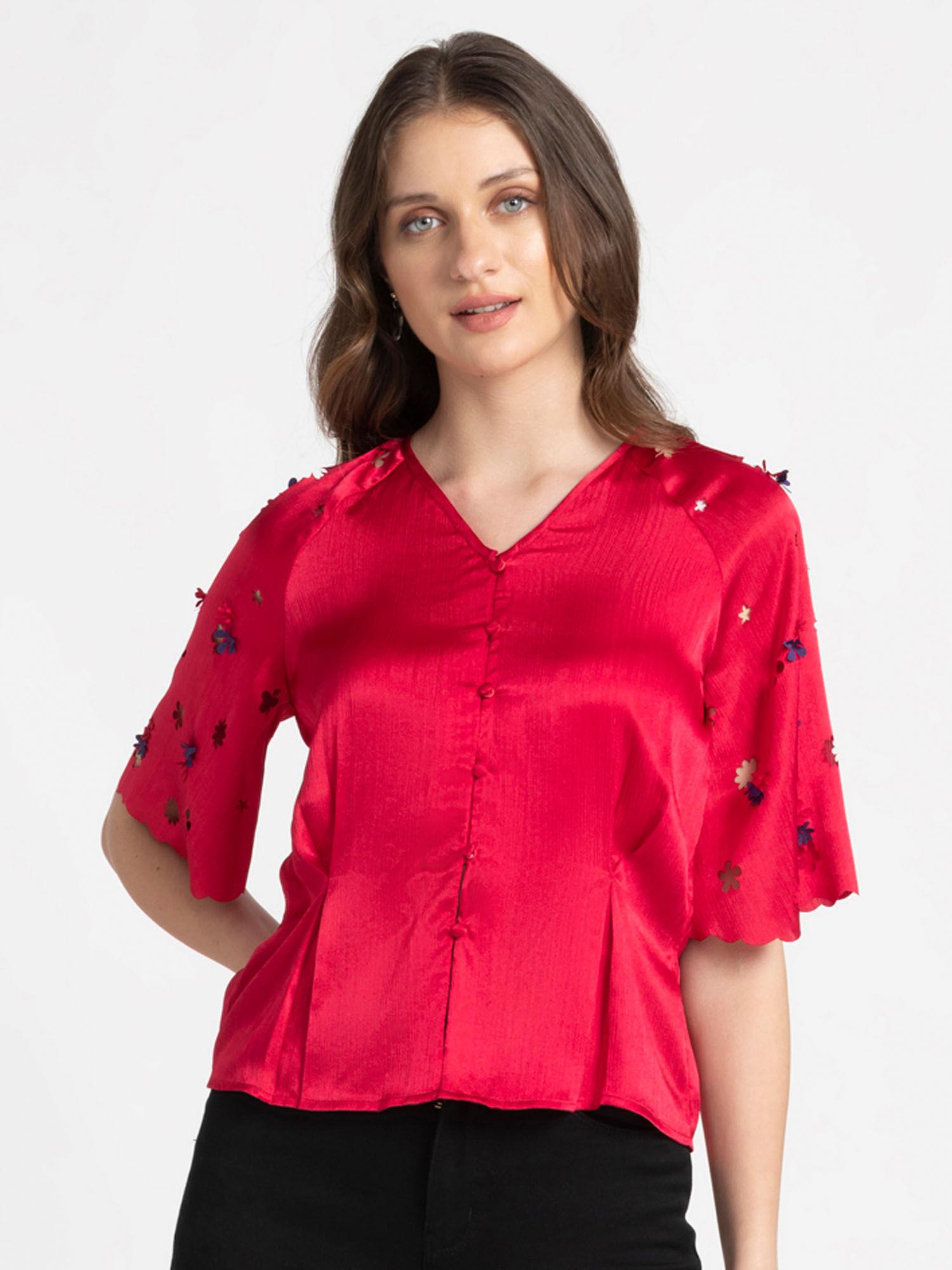 collarless pink solid short sleeves casual shirt for women