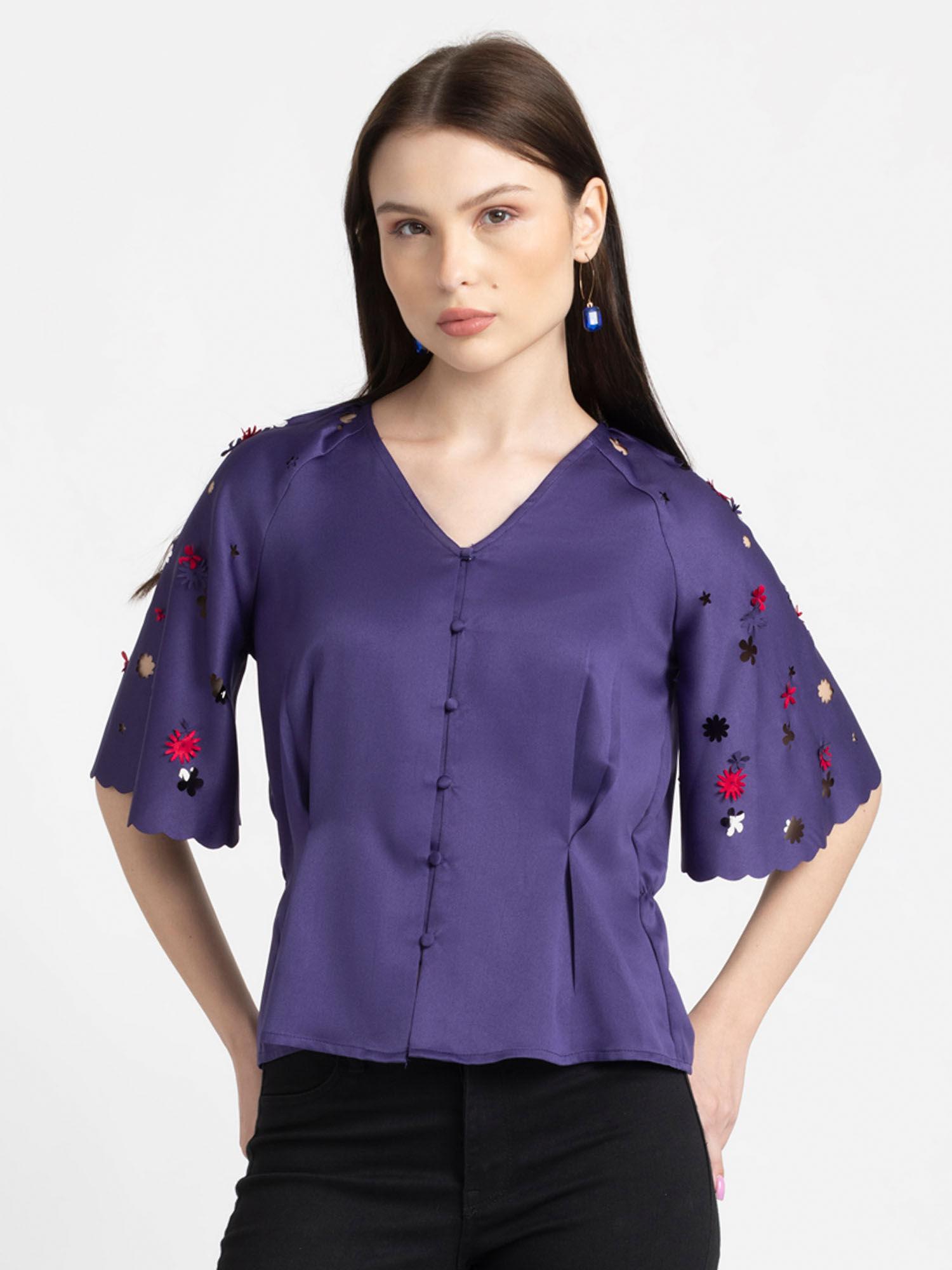 collarless purple solid short sleeves casual shirt for women