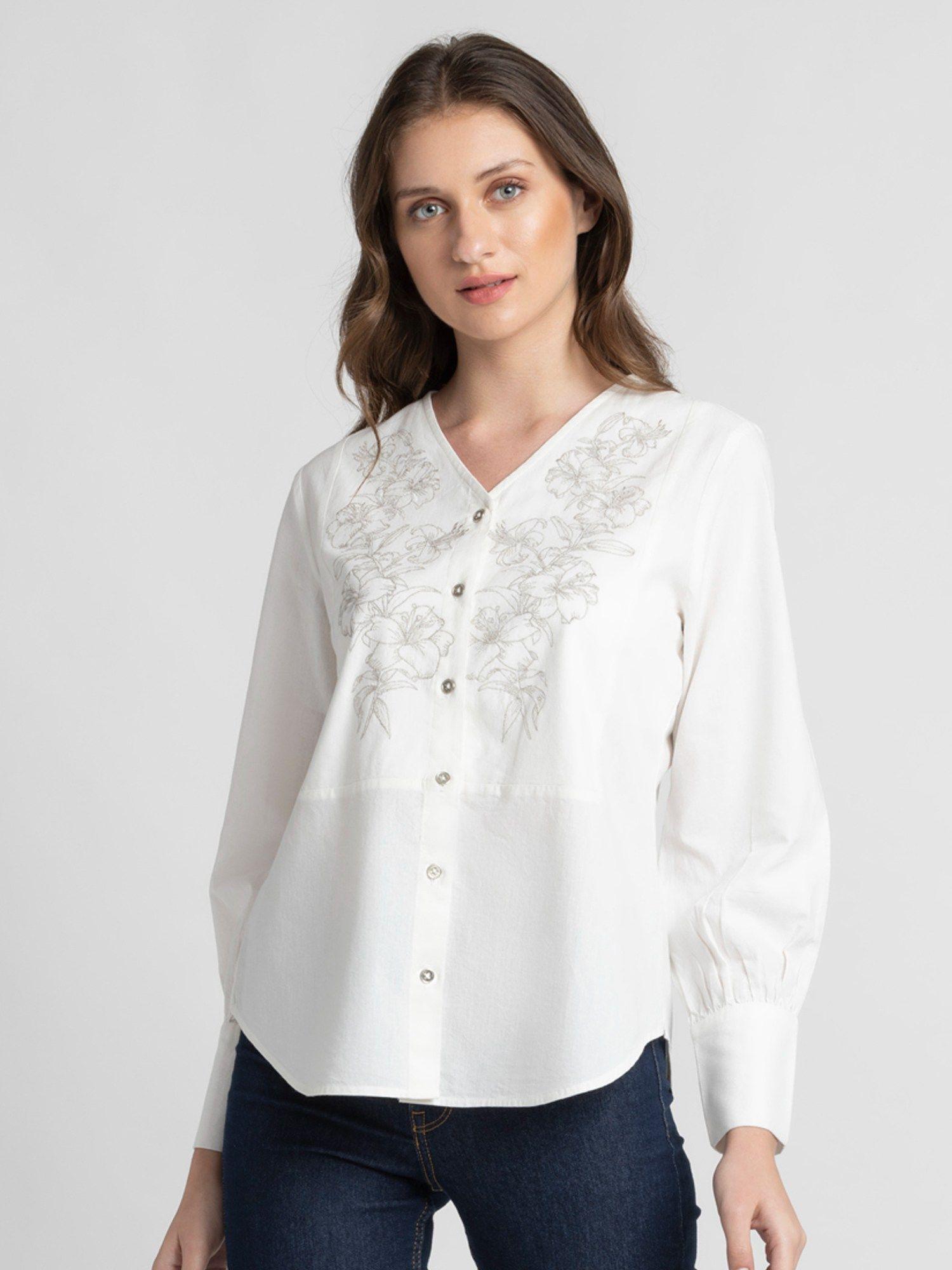 collarless white embroidered long sleeves party shirt for women